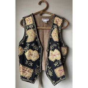 Vintage Carol Horn Workshop Size M Boho Black Tan Vest Embroidered Shapes Burlap